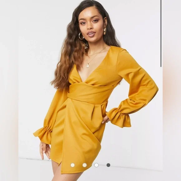 ASOS Design Petite Wrap Plunge Mini Dress with Flute Sleeve in Mustard - Picture 1 of 9